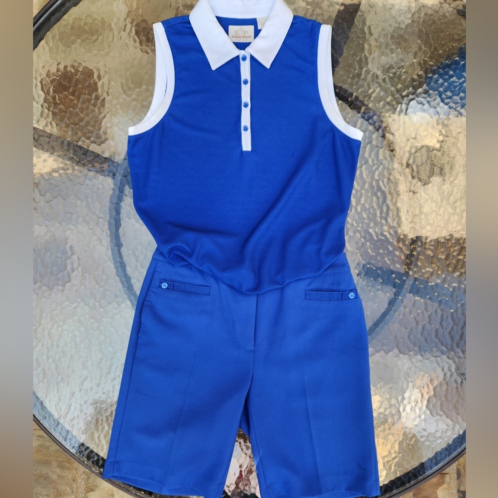 EP Pro Blue and White Sleeveless Golf Polo Shirt and matching shorts set